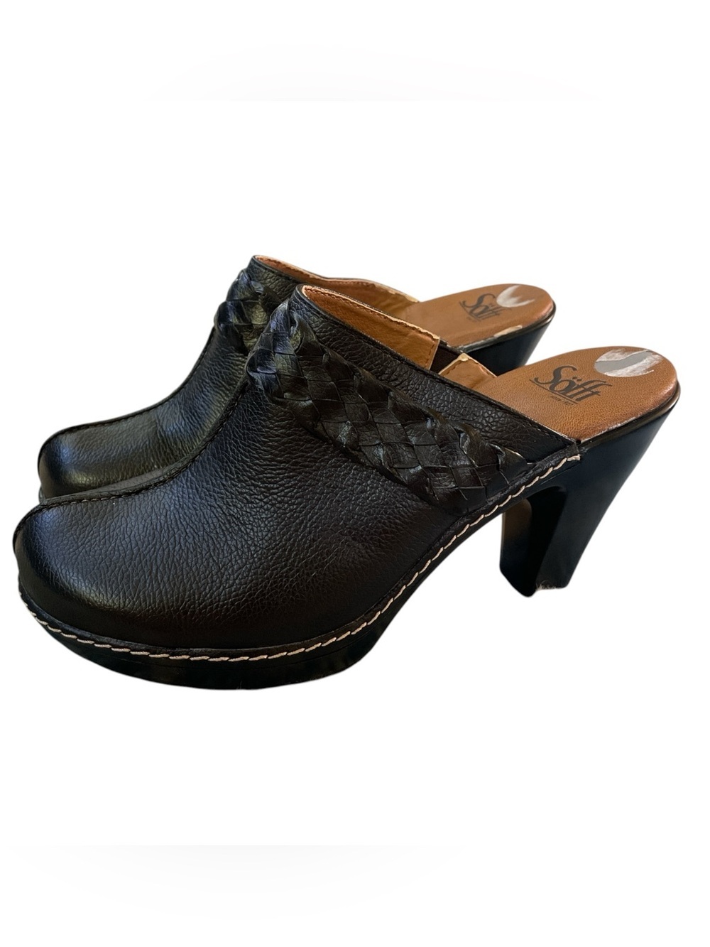 Sofft Black Leather Heeled Clogs Braided Mule Shoes Womens Size 8